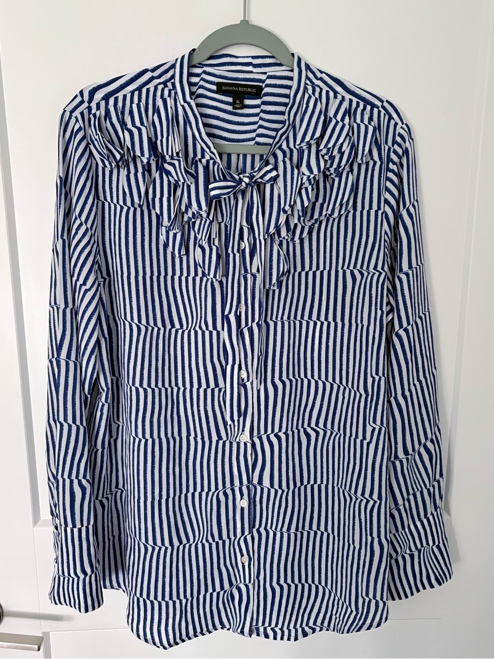 Banana Republic Elsie Ruffle Tie-Neck Striped Blouse - Blue/White XL